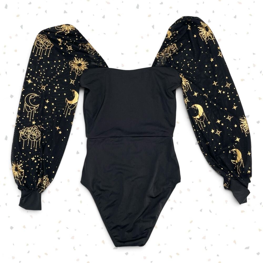 BlackMilk Black Celestial Gold Foil Mesh Sleeve Bodysuit Witchy Glam Size S NEW